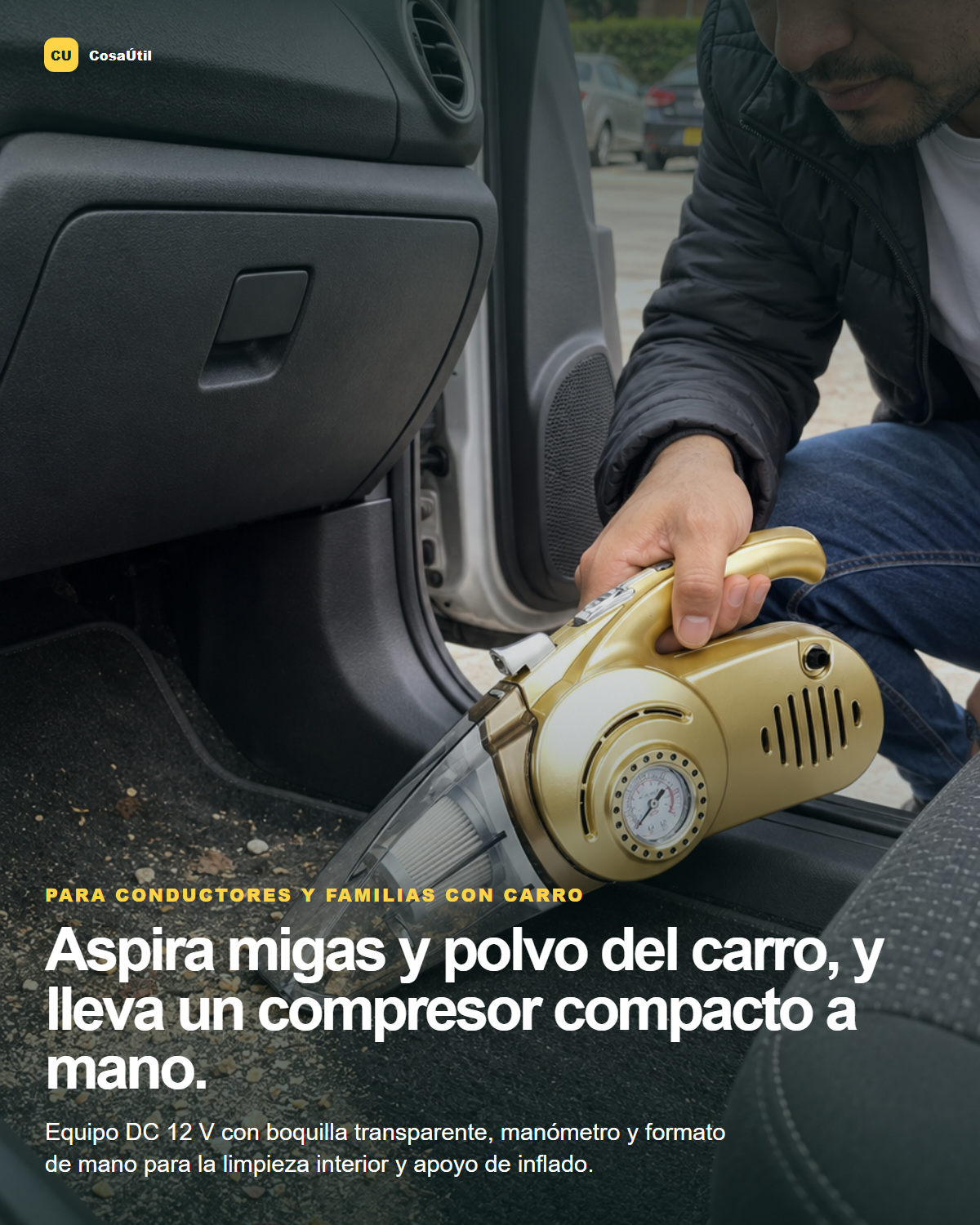 Aspiradora de carro recogiendo migas entre los asientos