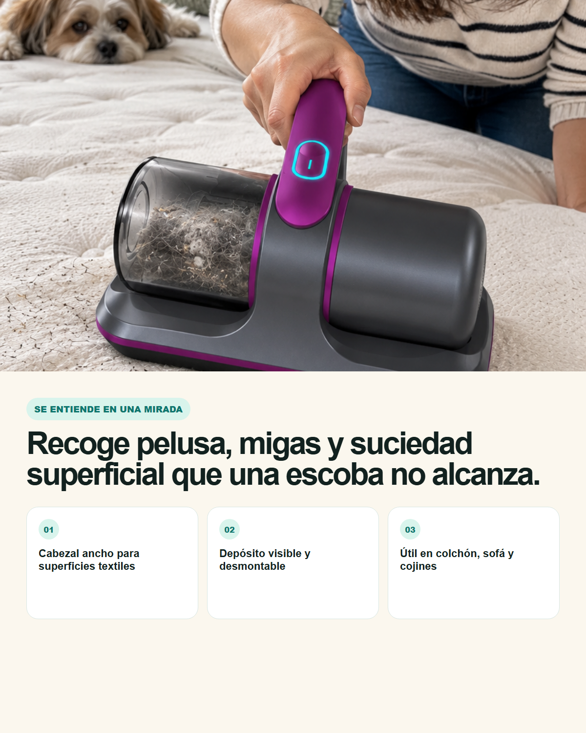 Pasadas lentas llevan la suciedad superficial al depósito.